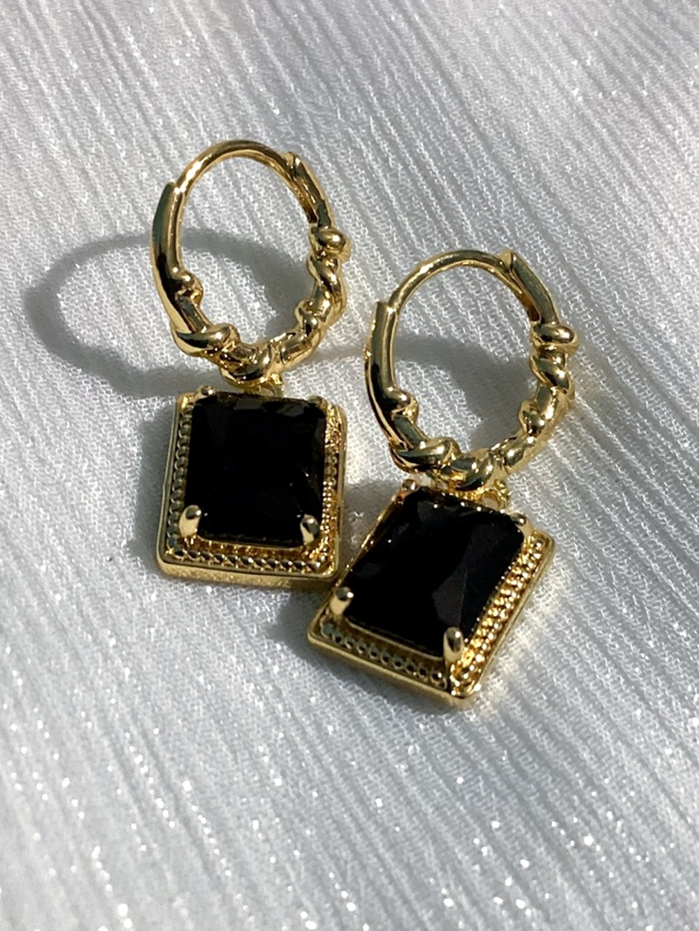 🖤Twisted 10k Gold Plated Faceted Black Obsidian Hoop drop Dangle Earrings